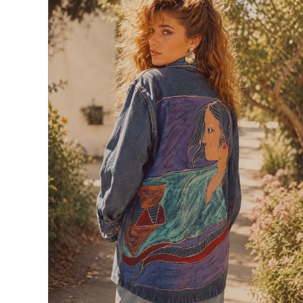 Vtg Typhoons by Melissa Handpainted Aztec L Woman Art To Wear Denim Blazer